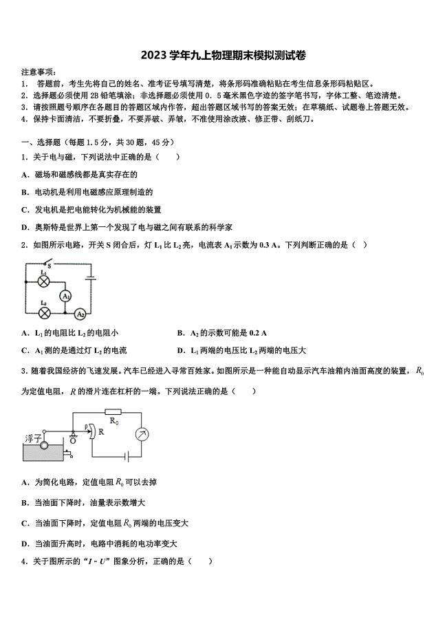 2023学年四川省广安市代市中学九年级物理第一学期期末复习检测试题含解析.doc