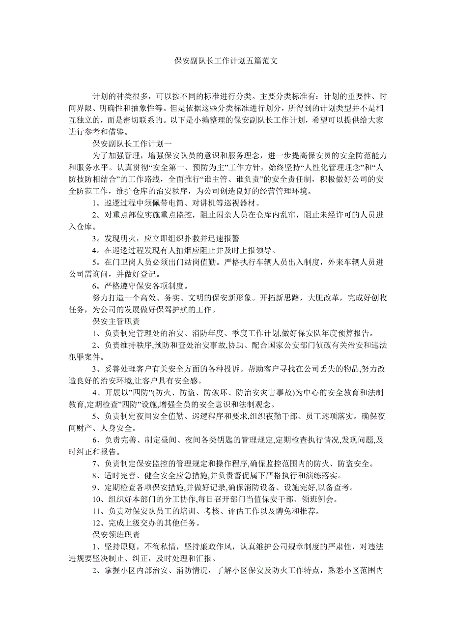 保安副队长工作计划五篇范文_第1页