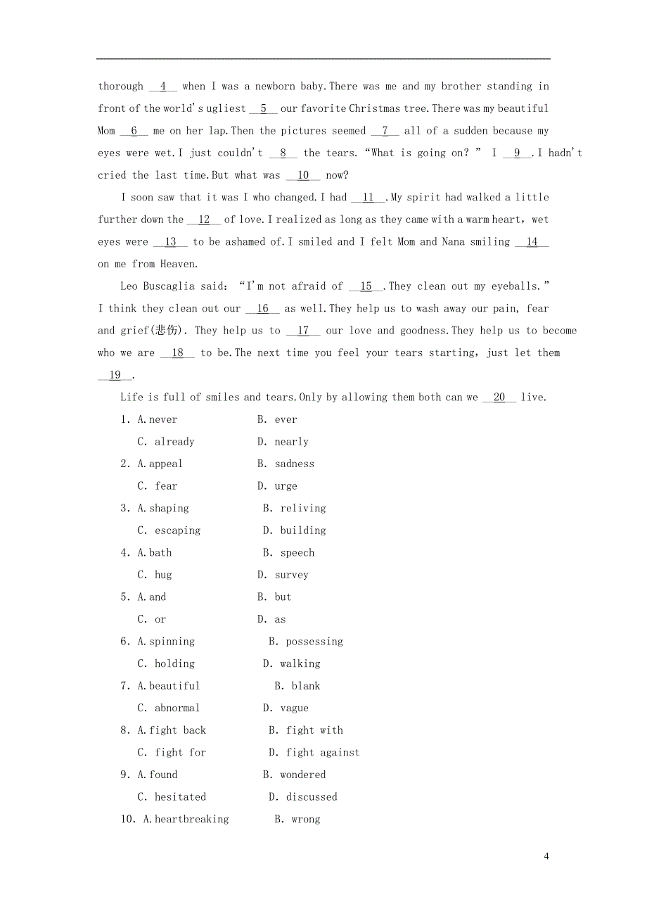 2019版高考英语一轮基础达标选题 Unit 4 Body language（含解析）新人教版必修4_第4页