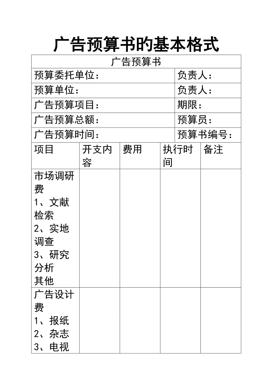 广告具体预算书的格式与广告专题策划书补充案例_第1页