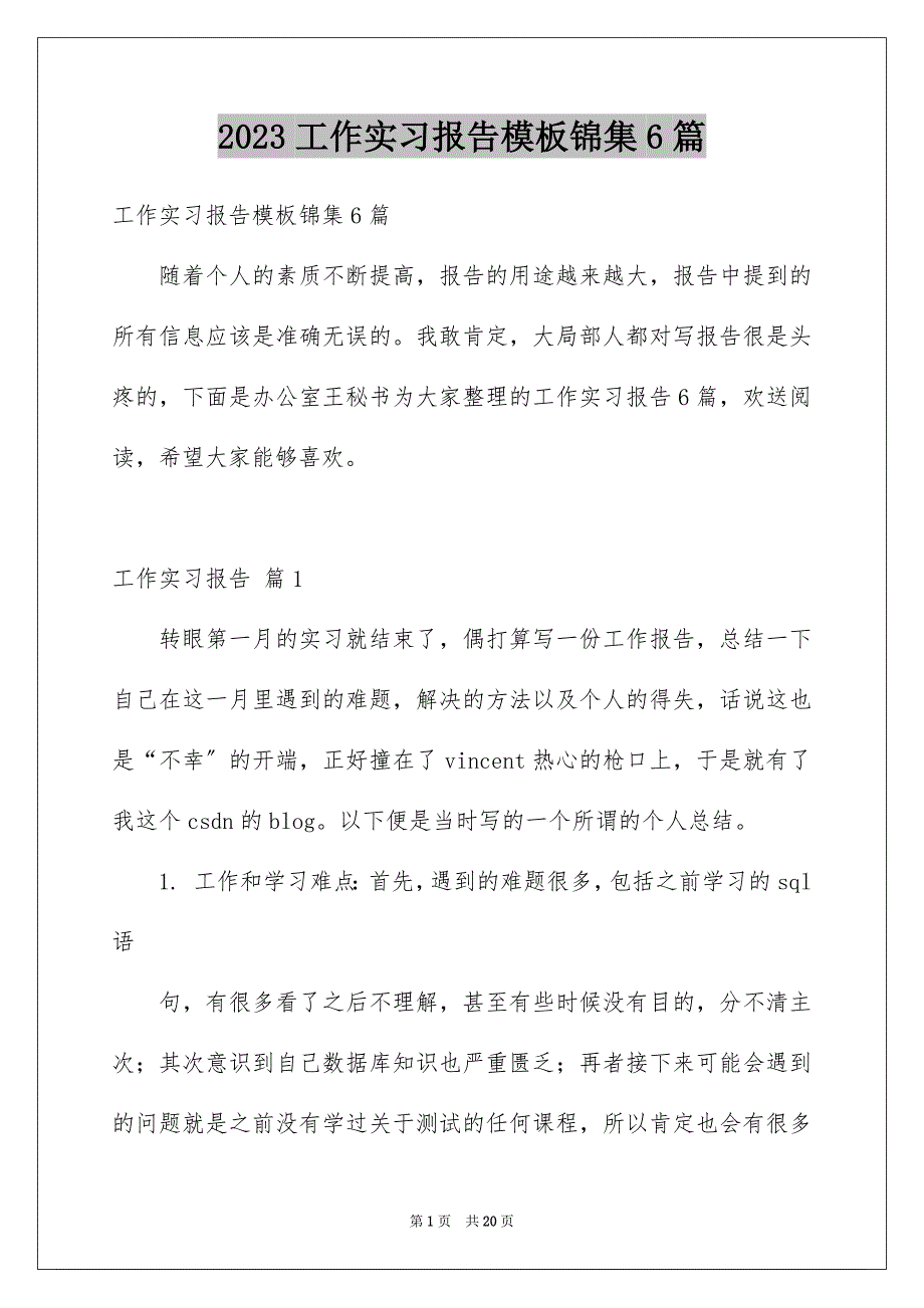 2023年工作实习报告模板锦集6篇.docx_第1页