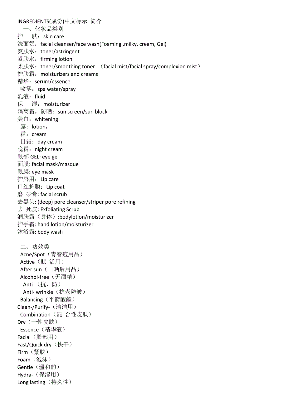 化妆品中英文对照_第1页