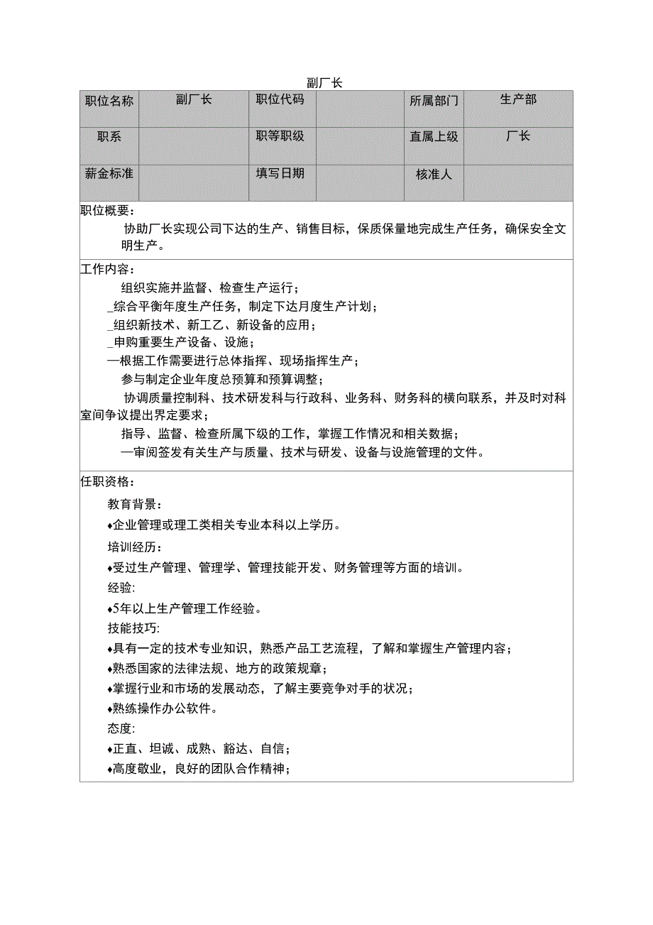 2019年副厂长职务岗位说明书_第1页