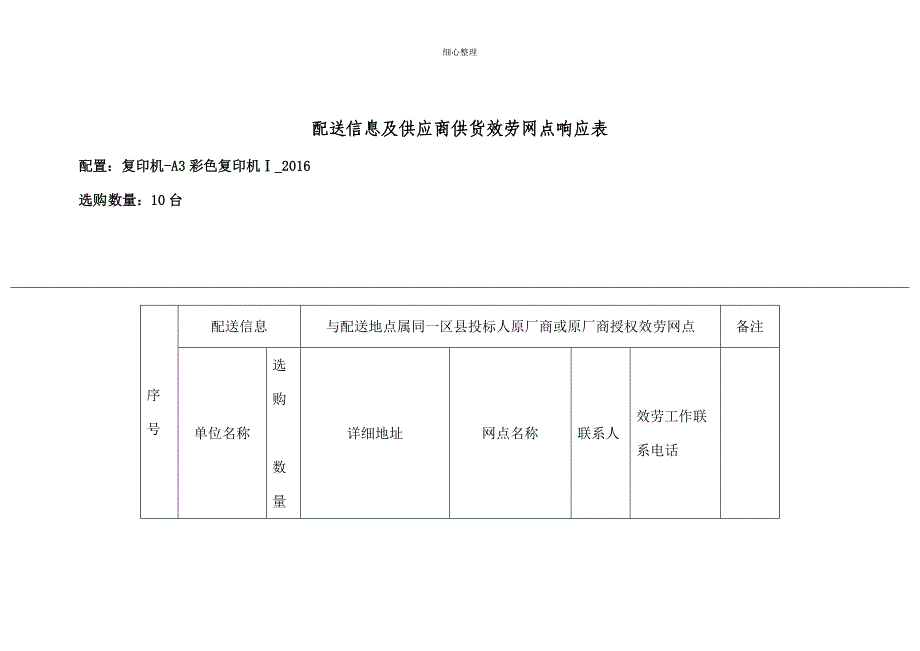 配送信息和供应商供货服务网点响应表_第1页