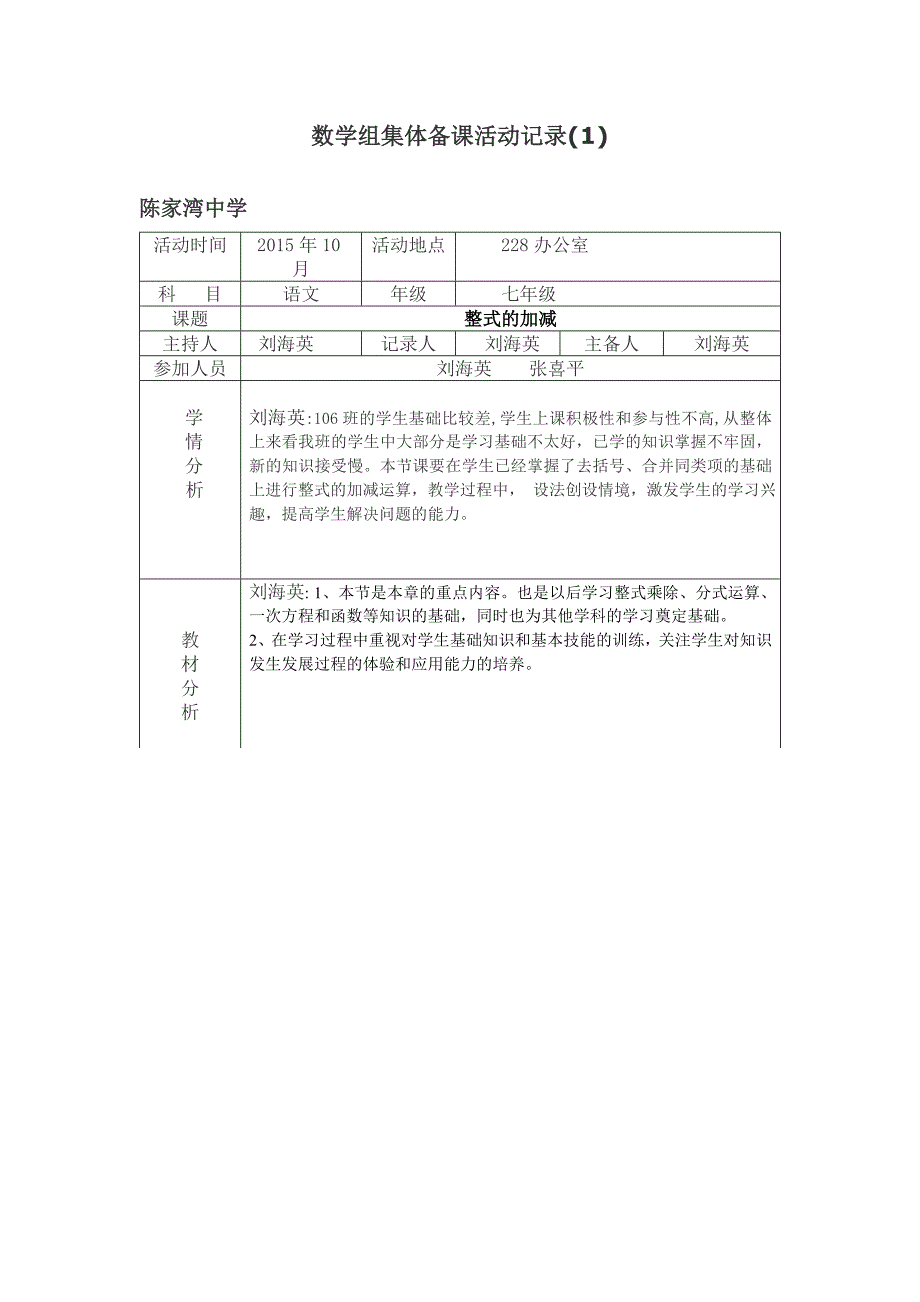 七年级数学集体备课活动记录_第1页