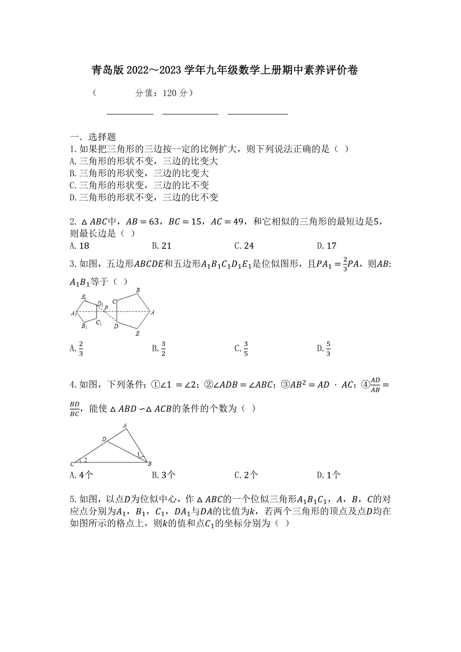 青岛版2022～2023学年九年级数学上册期中素养评价卷【含答案】_第1页