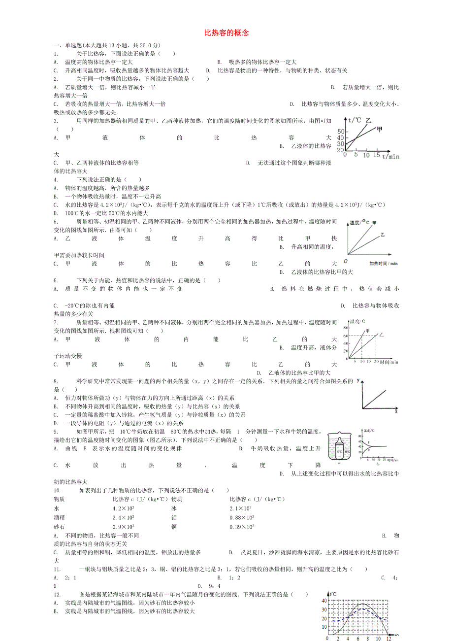 2018届中考物理比热容的概念复习专项练习_第1页