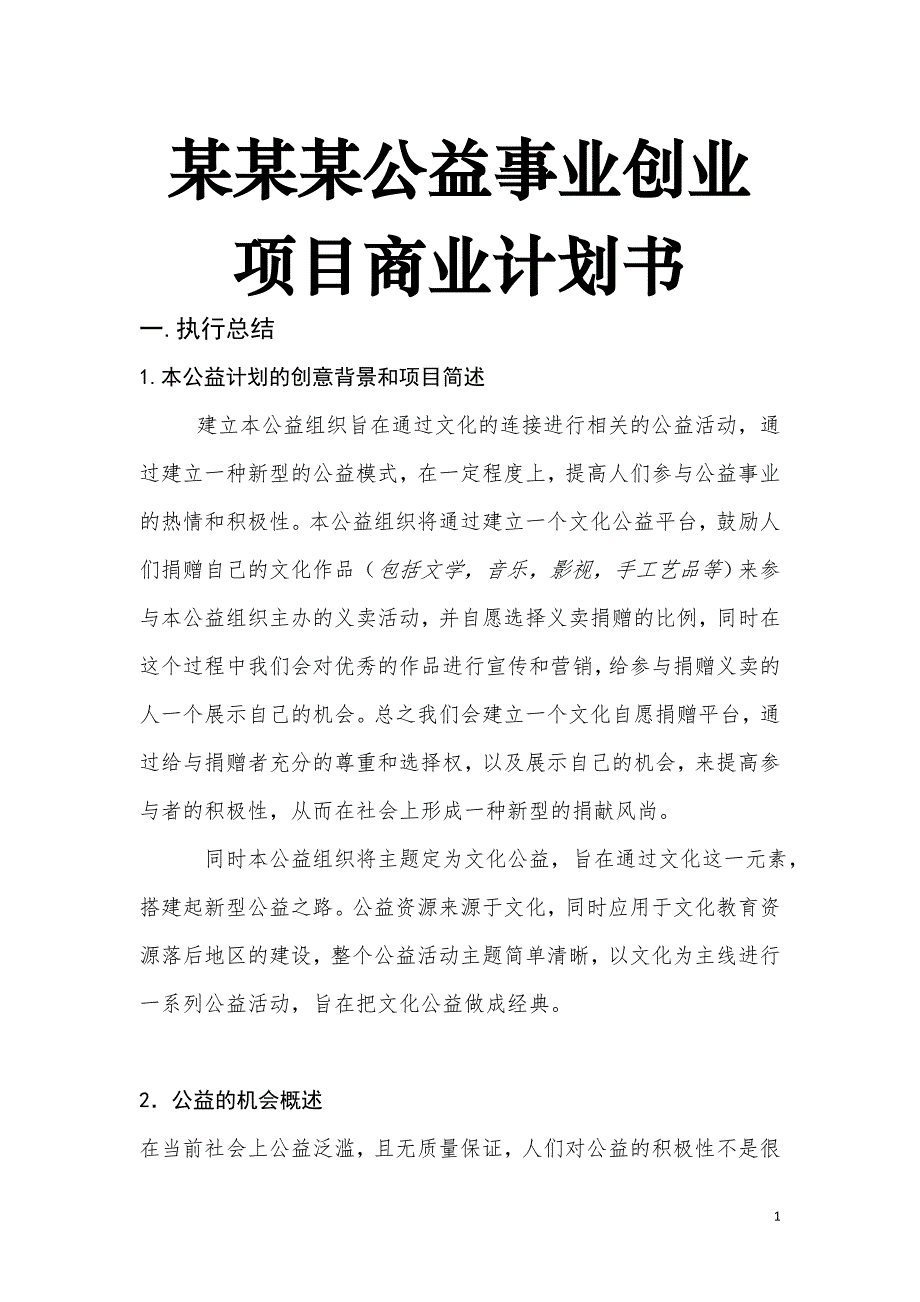 某某某公益事业创业项目商业计划书_第1页