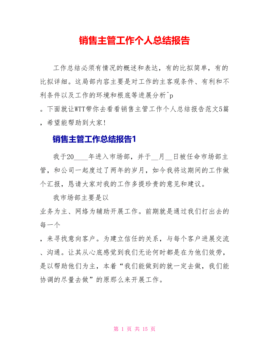 销售主管工作个人总结报告_第1页