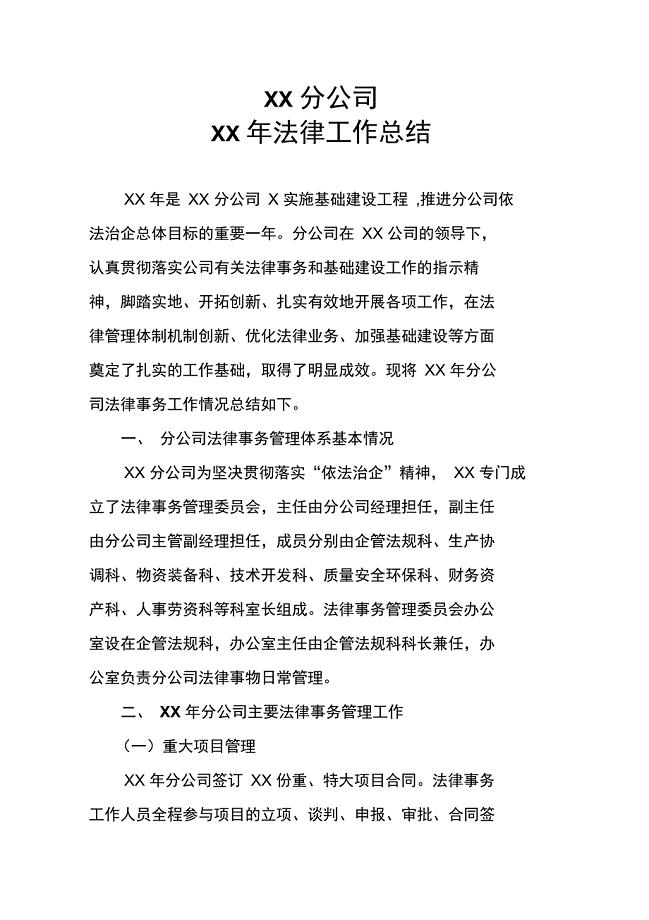 XX分公司201X年法律工作总结