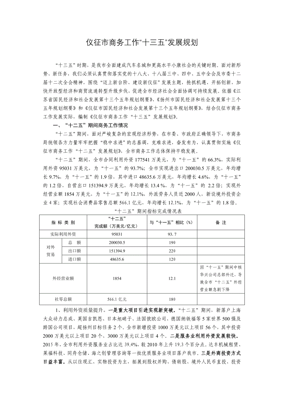 仪征市商务工作“十三五”发展规划 .doc_第1页