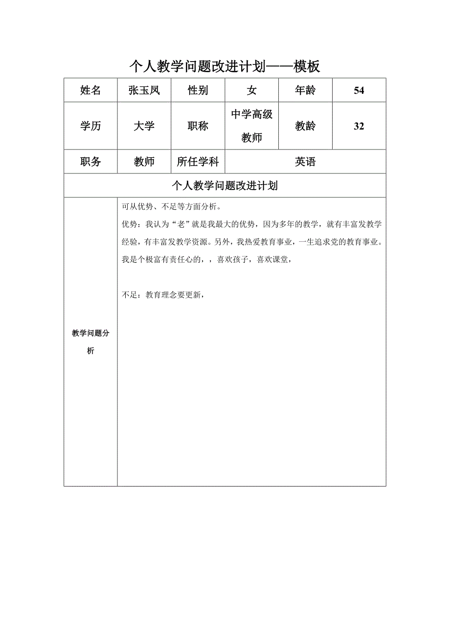 张玉凤：任务表单：个人教学问题改进计划模板.doc_第1页