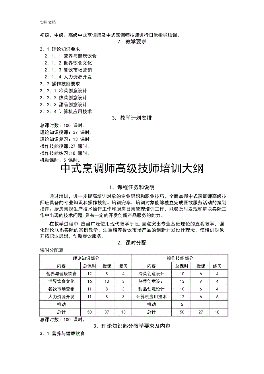 中式烹调师技师、高级技师培训计划清单、大纲设计_第5页