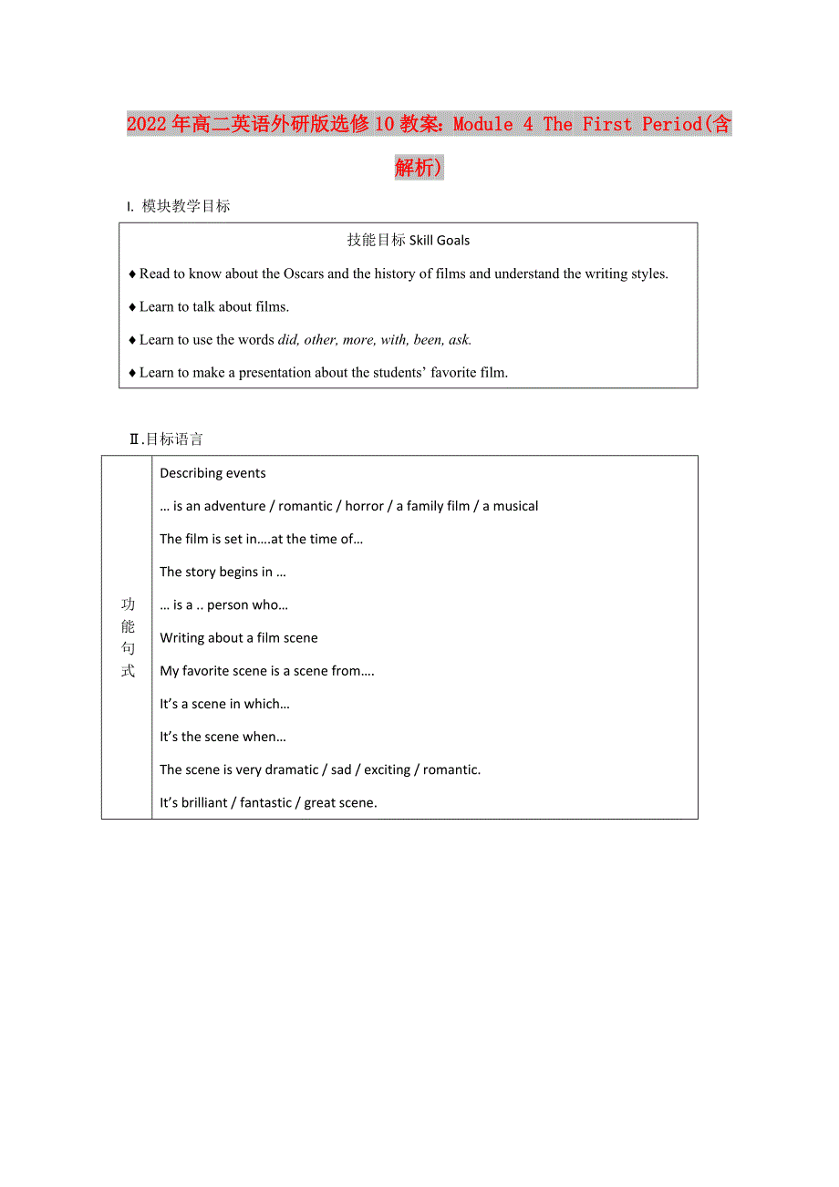 2022年高二英语外研版选修10教案：Module 4 The First Period(含解析)_第1页