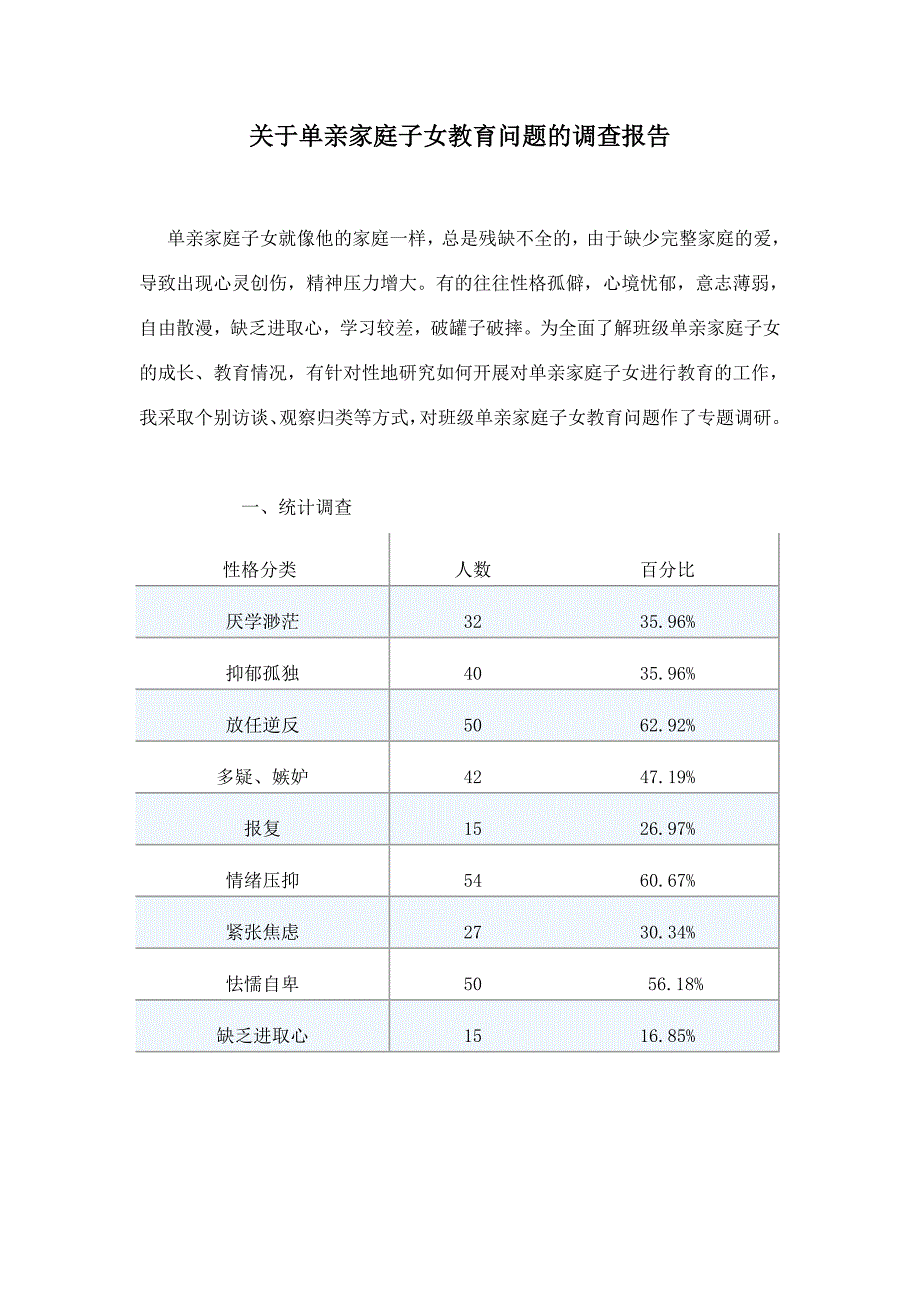 关于单亲家庭子女教育问题的调查报告.doc_第1页