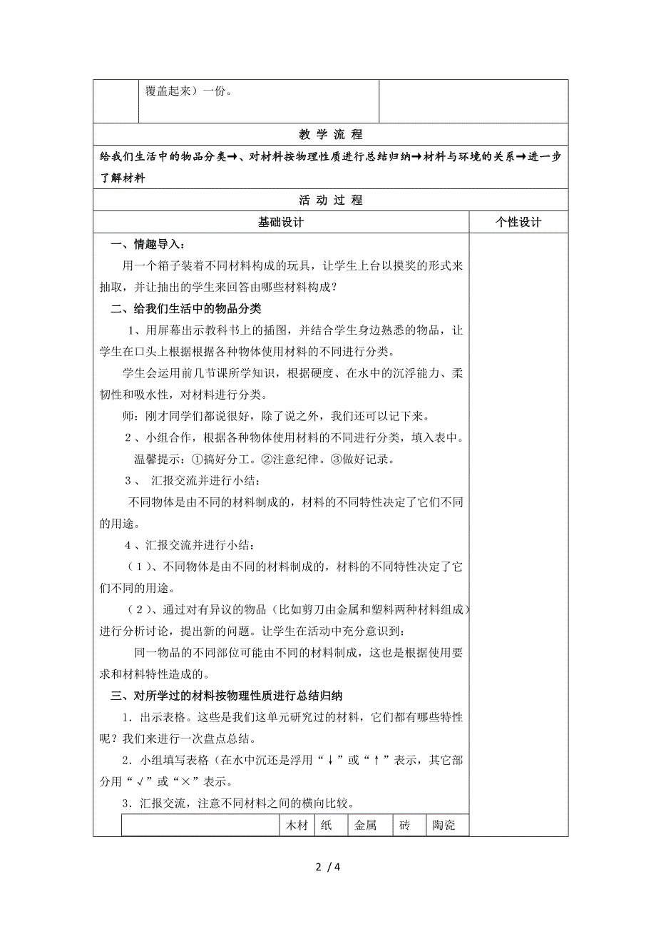 三年级上册科学教案第3单元 第7课 给身边的材料分类 ∣教科版_第2页