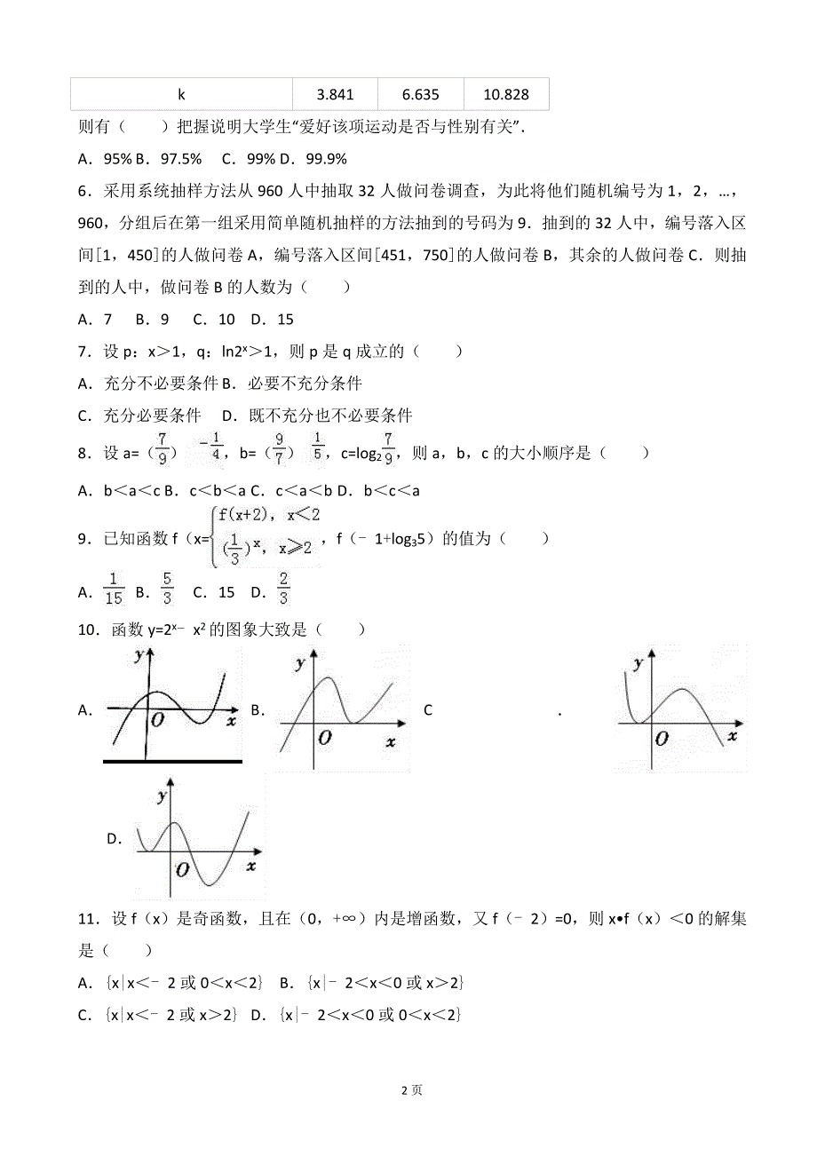 福建省莆田二十五中高三上学期第二次月考数学试卷理科_第2页