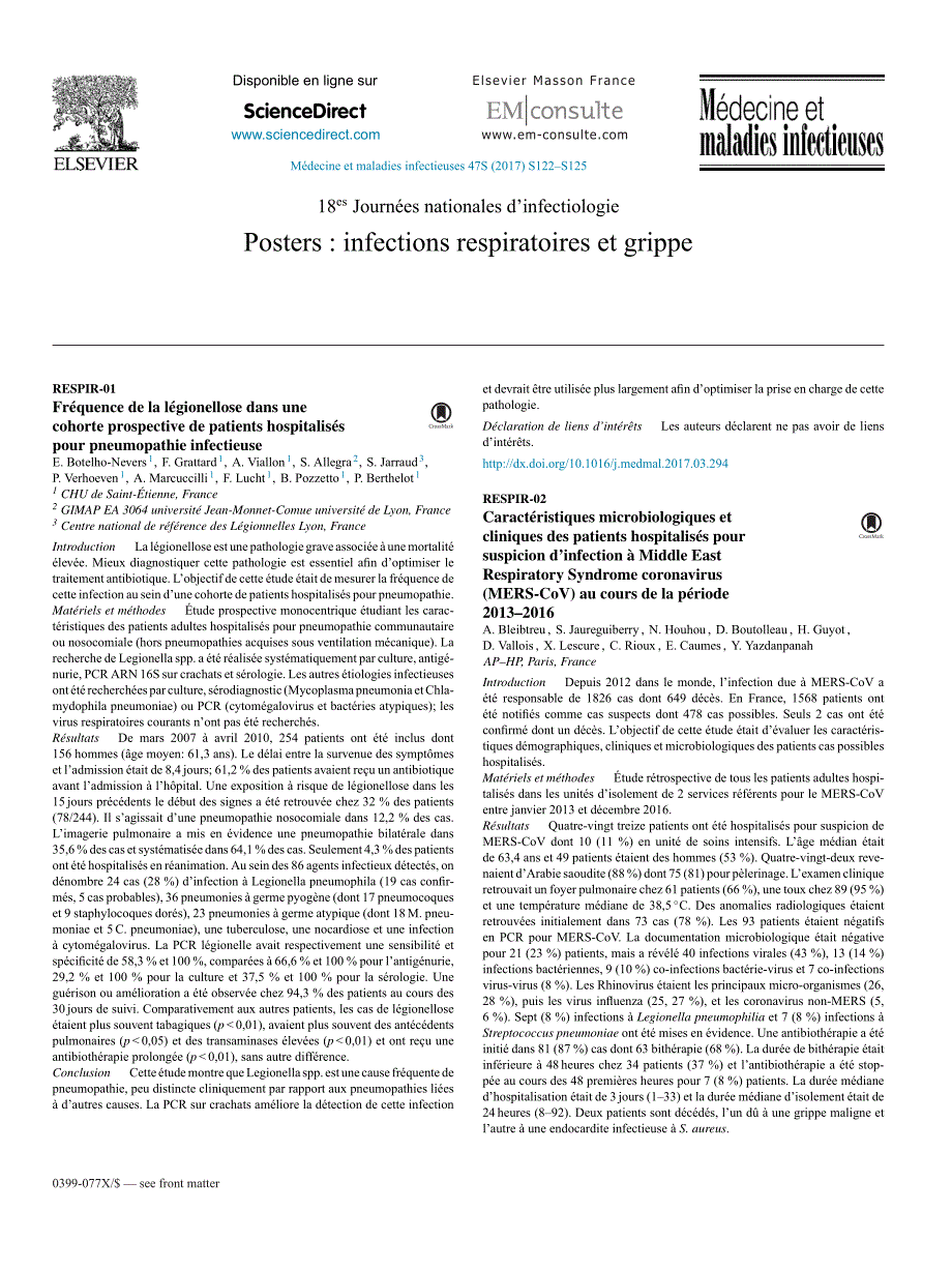 【病毒外文文献】2017 Caract_ristiques microbiologiques et cliniques des patients hospitalis_s pour suspicion d_infection _ Middle East R_第1页