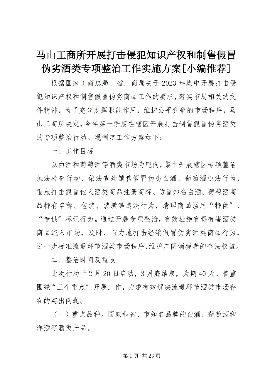 2023年马山工商所开展打击侵犯知识产权和制售假冒伪劣酒类专项整治工作实施方案.docx_第1页