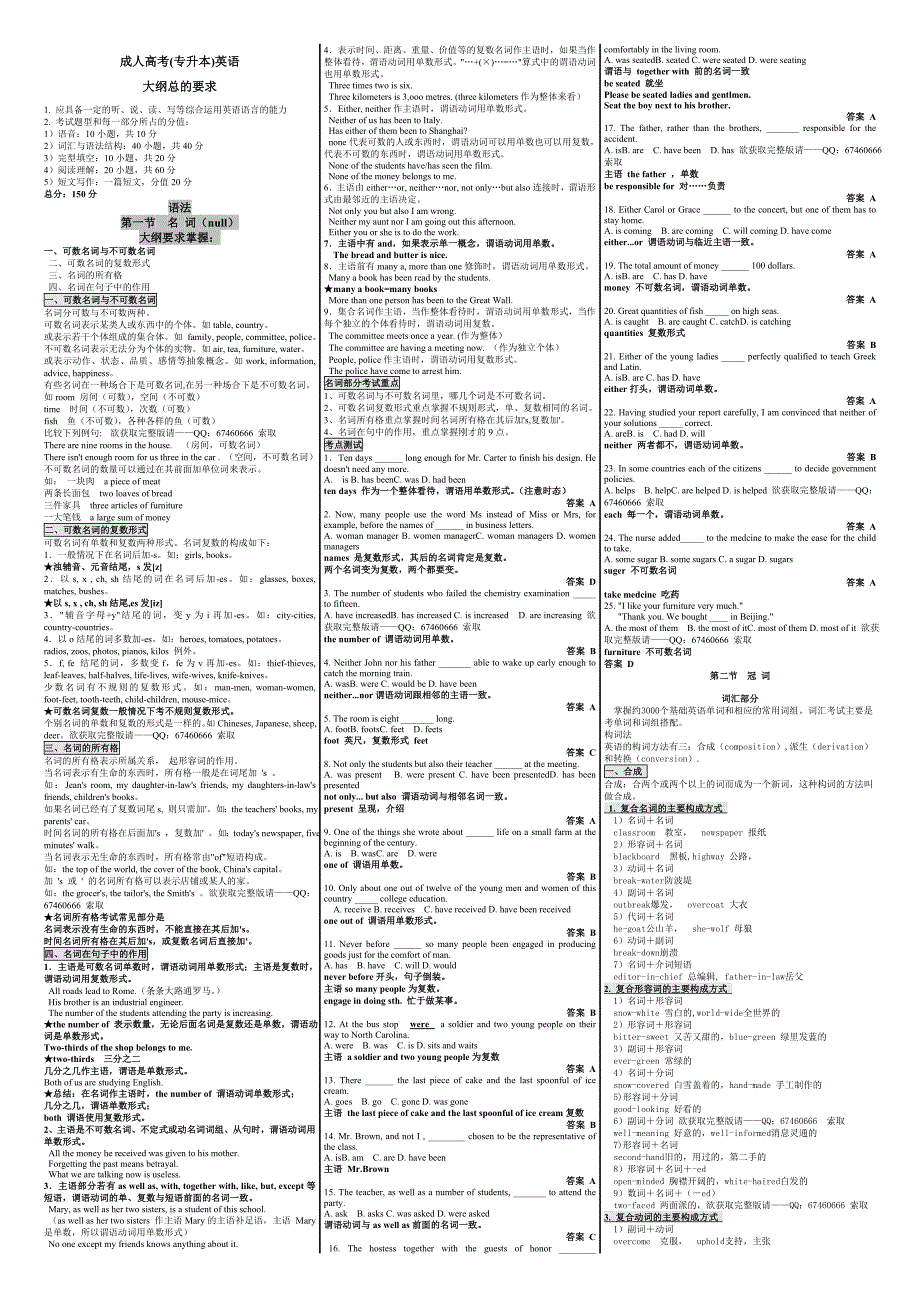 成人高考(专升本)成考串讲成考英语小抄_第1页