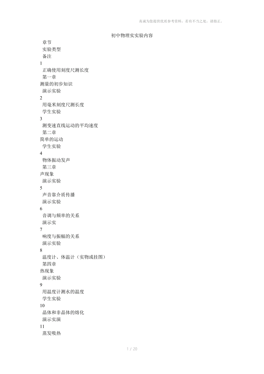 初中物理实验数目表_第1页