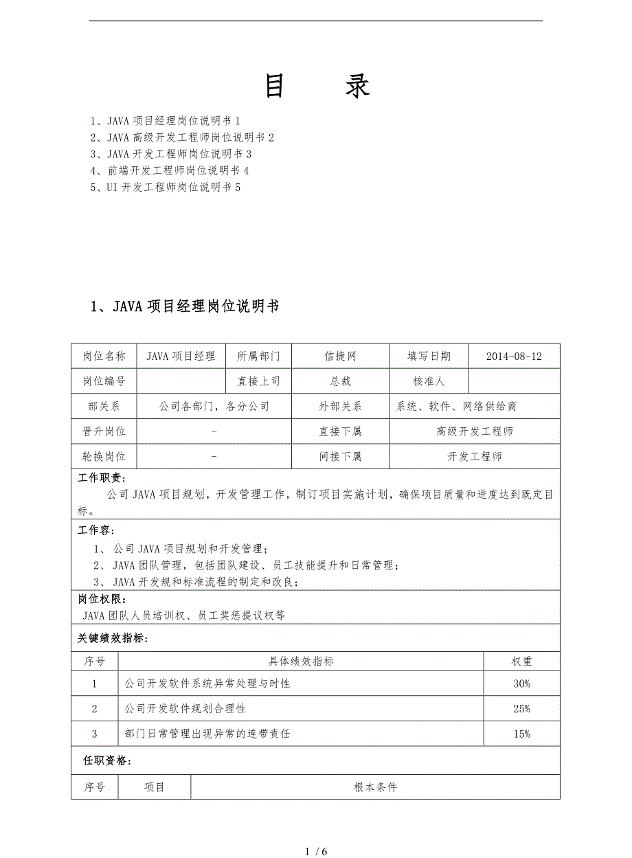 JAVA研发团队岗位说明书_第1页