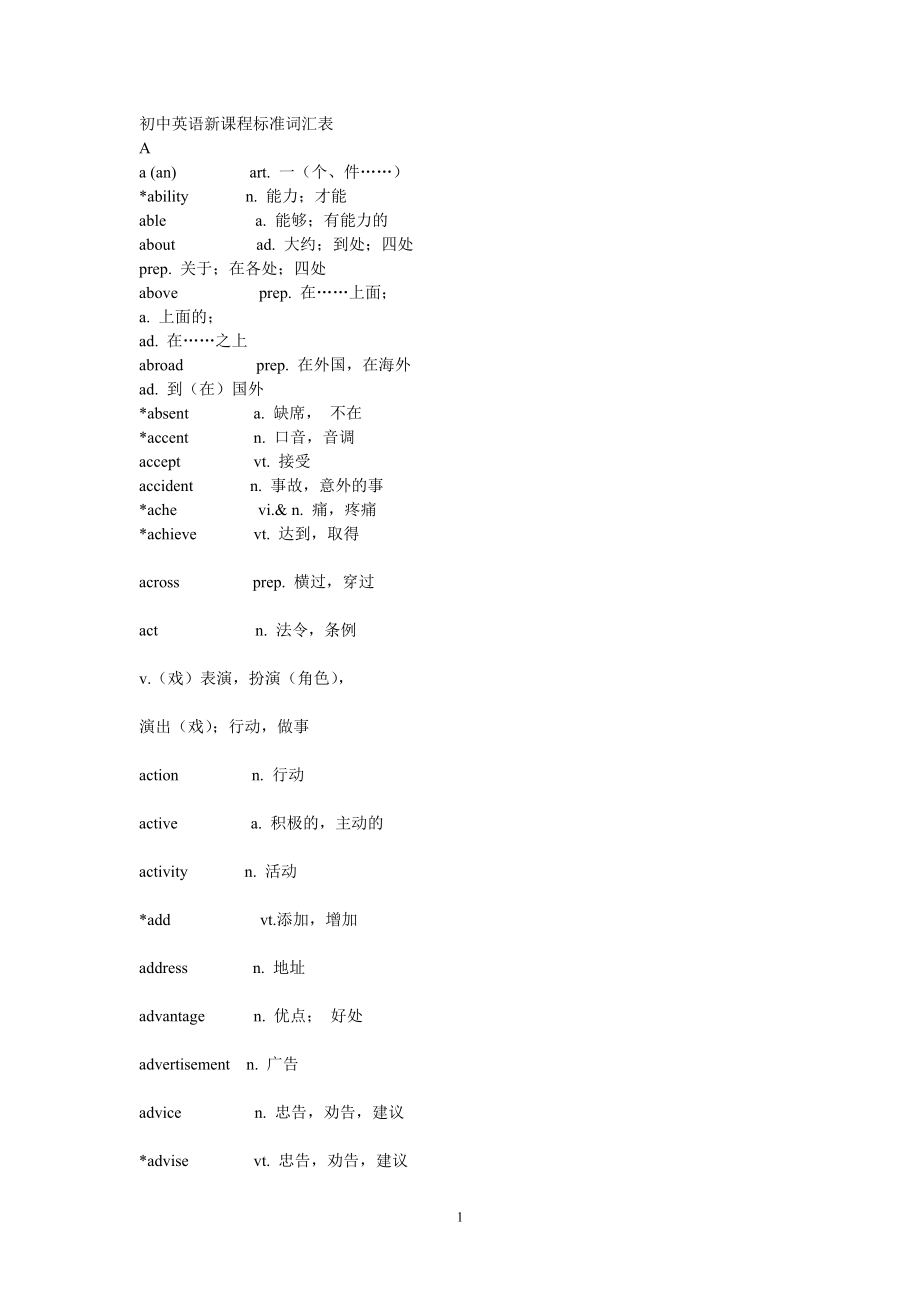 初中英语新课程标准词汇表_第1页