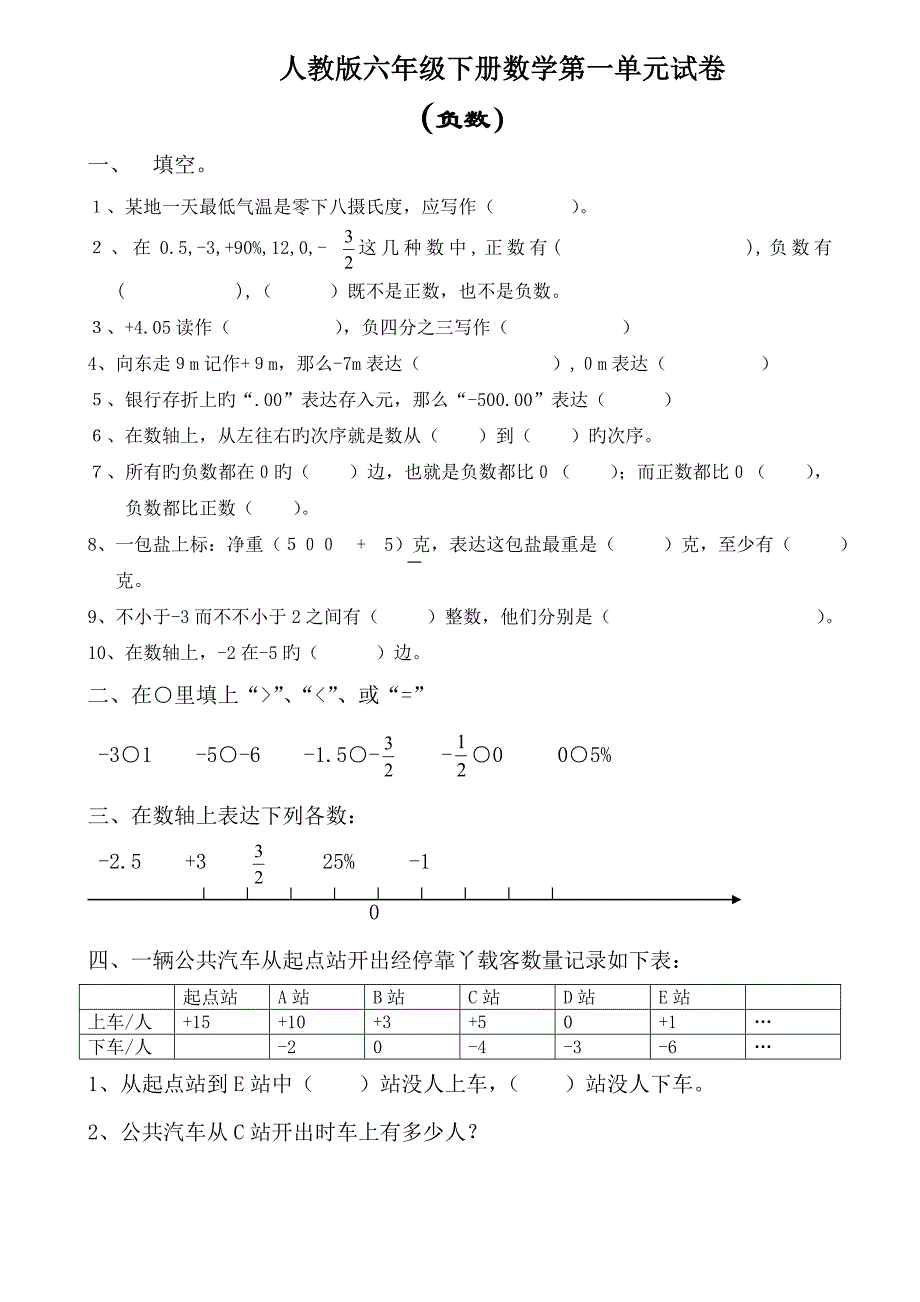 人教版六年级数学下册第一单元试卷负数试题_第1页