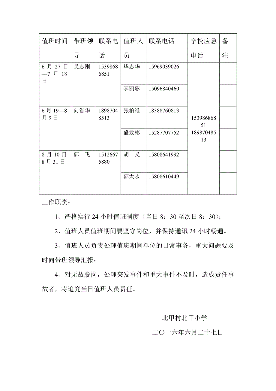 北甲村学校防汛工作领导组及职责分工和值班表_第3页