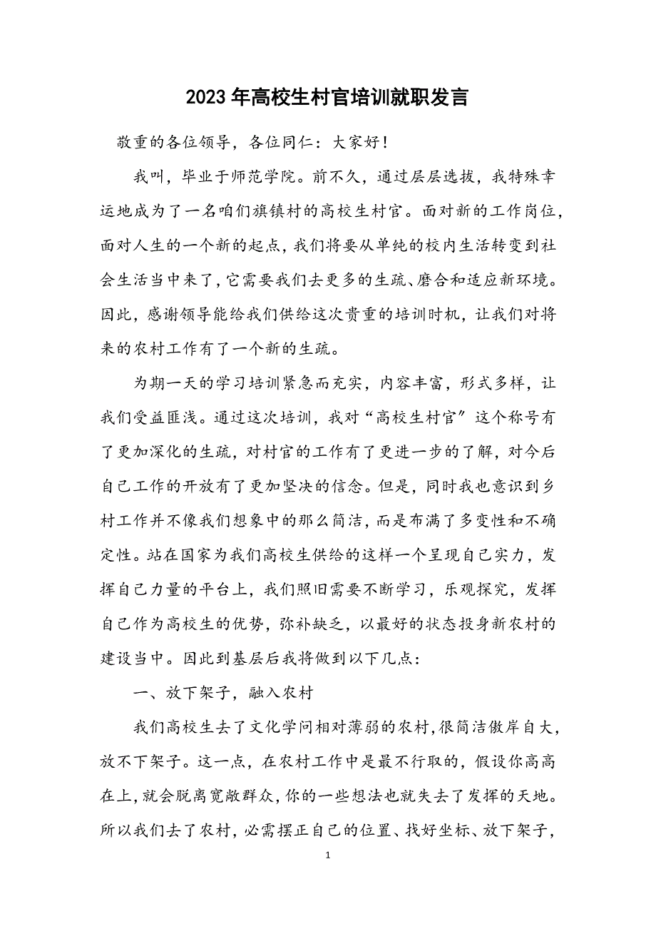 2023年高校生村官培训就职发言.DOCX_第1页