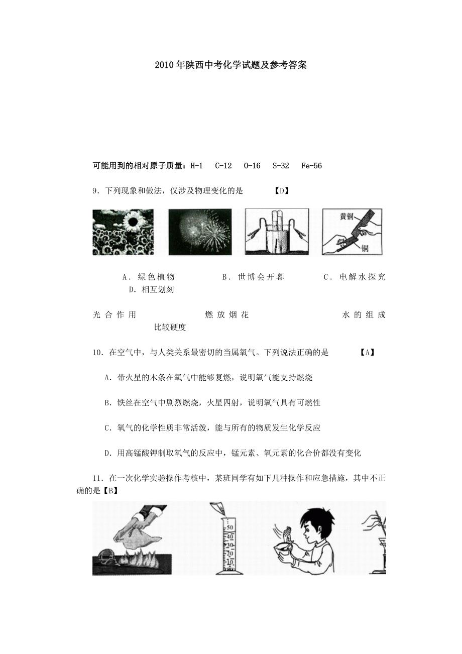2010年陕西中考化学试题及参考答案.doc_第1页