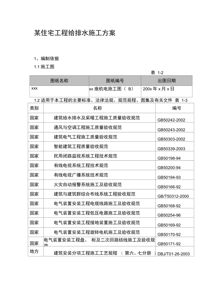 某住宅工程给排水施工方案.doc_第1页