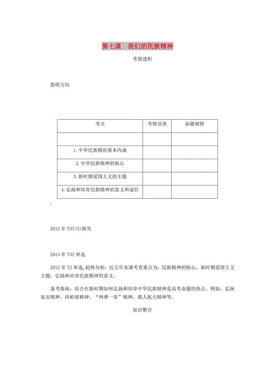 江苏专版2019年高考政治总复习第三单元中华文化与民族精神第七课我们的民族精神讲义新人教版必修3 .doc_第1页