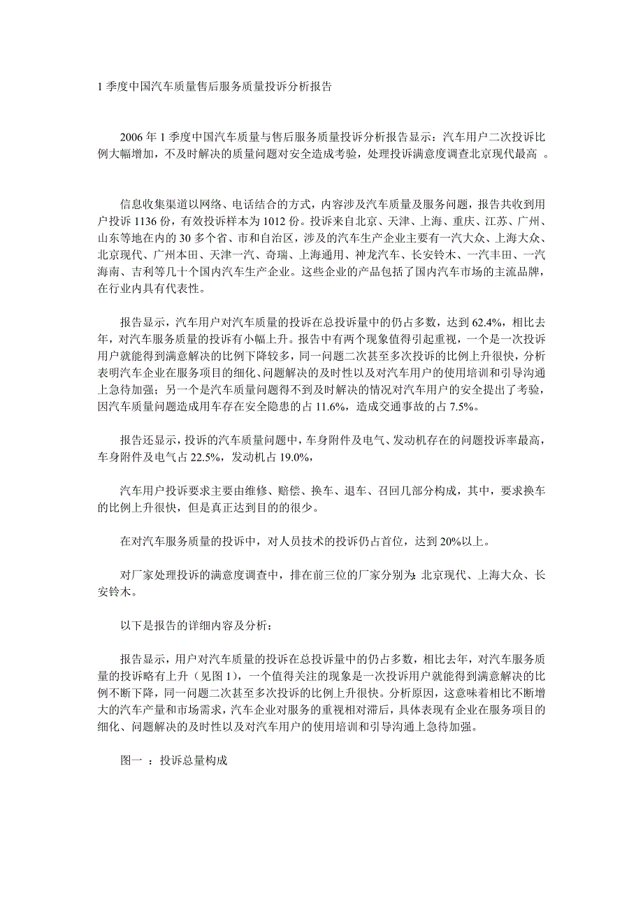 一季度中国汽车质量售后服务质量投诉分析报告_第1页