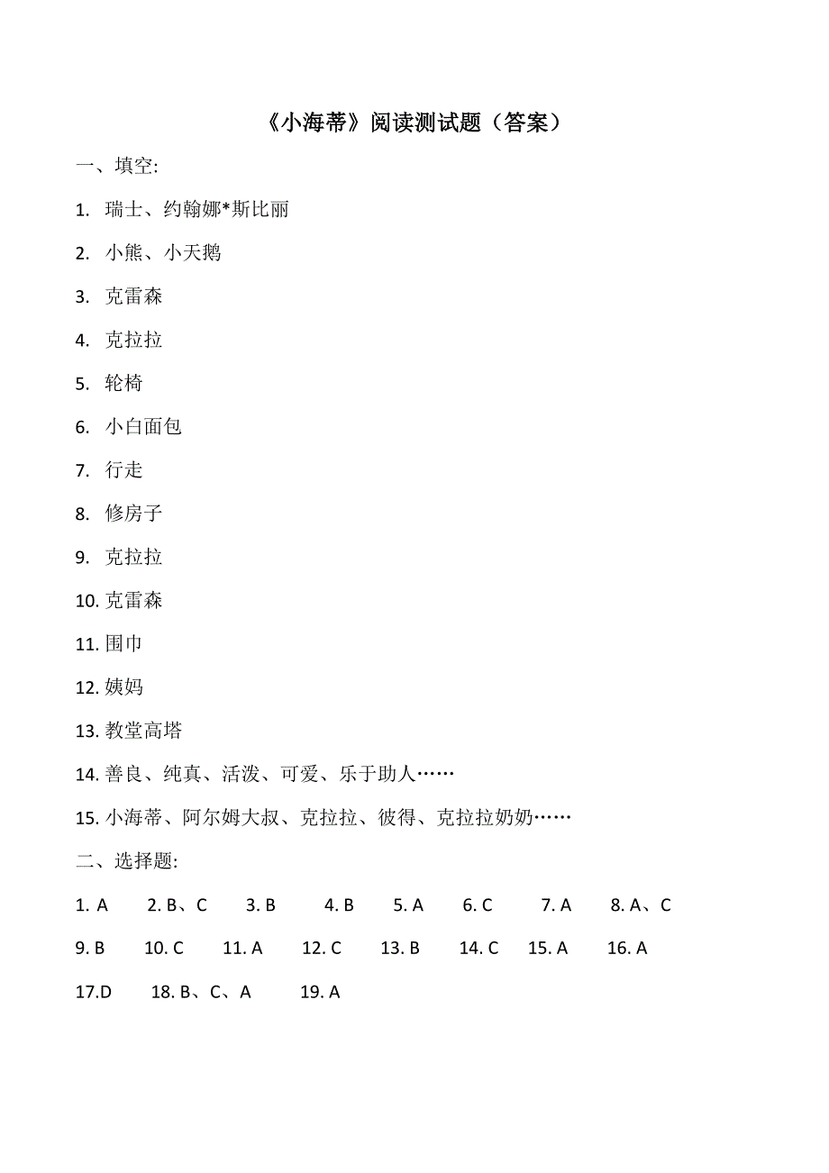 《小海蒂》阅读测试题(含答案)_第3页