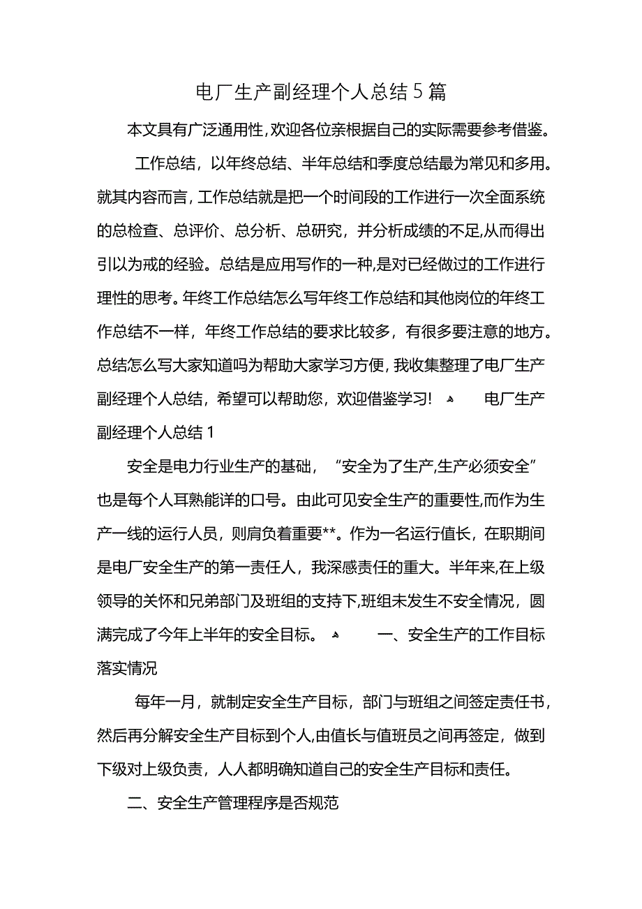 电厂生产副经理个人总结5篇_第1页