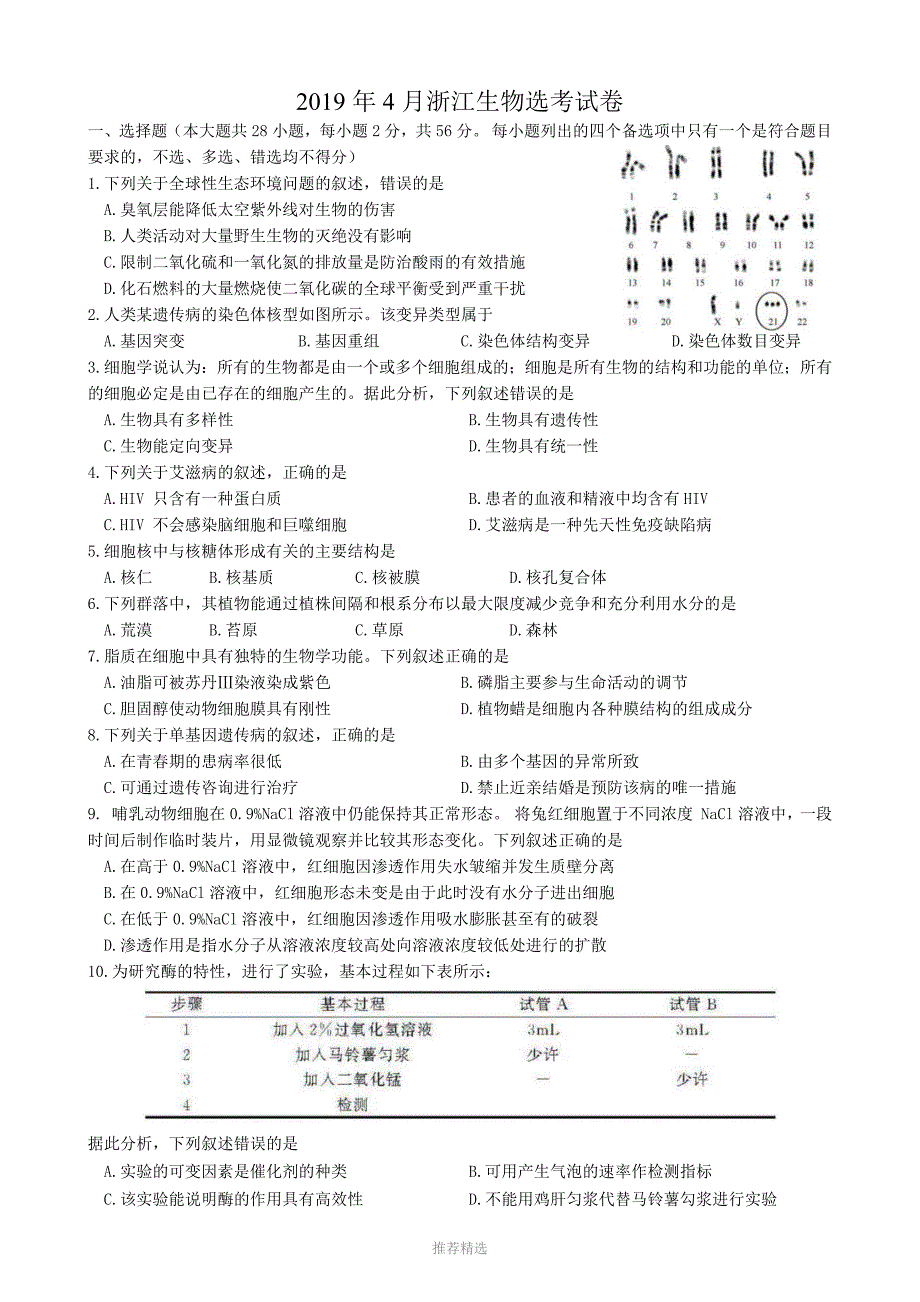 2019年4月浙江选考生物试卷及答案Word版_第1页