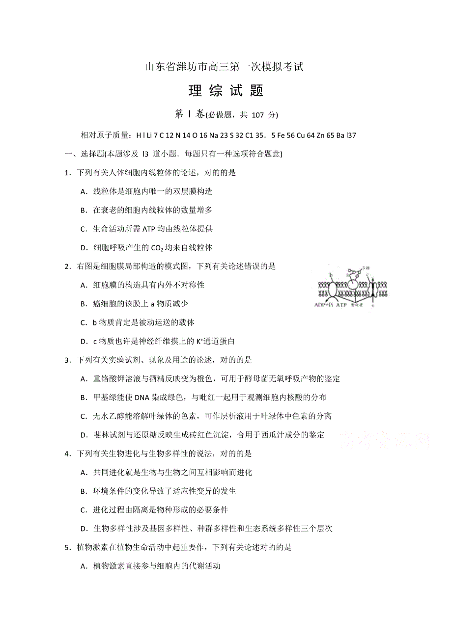 山东省潍坊市高三第一次模拟考试理综_第1页