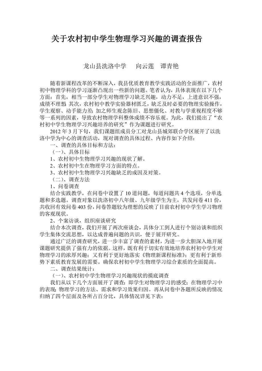 关于农村初中学生物理学习兴趣的调查报告_第1页