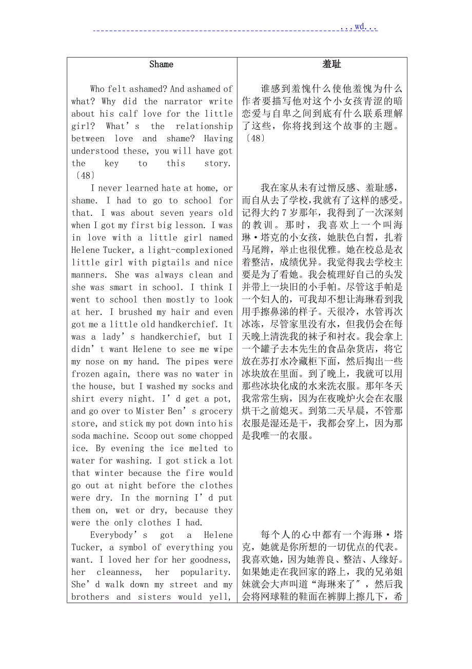 大学英语泛读第三版《Shame》中英文双译_第1页