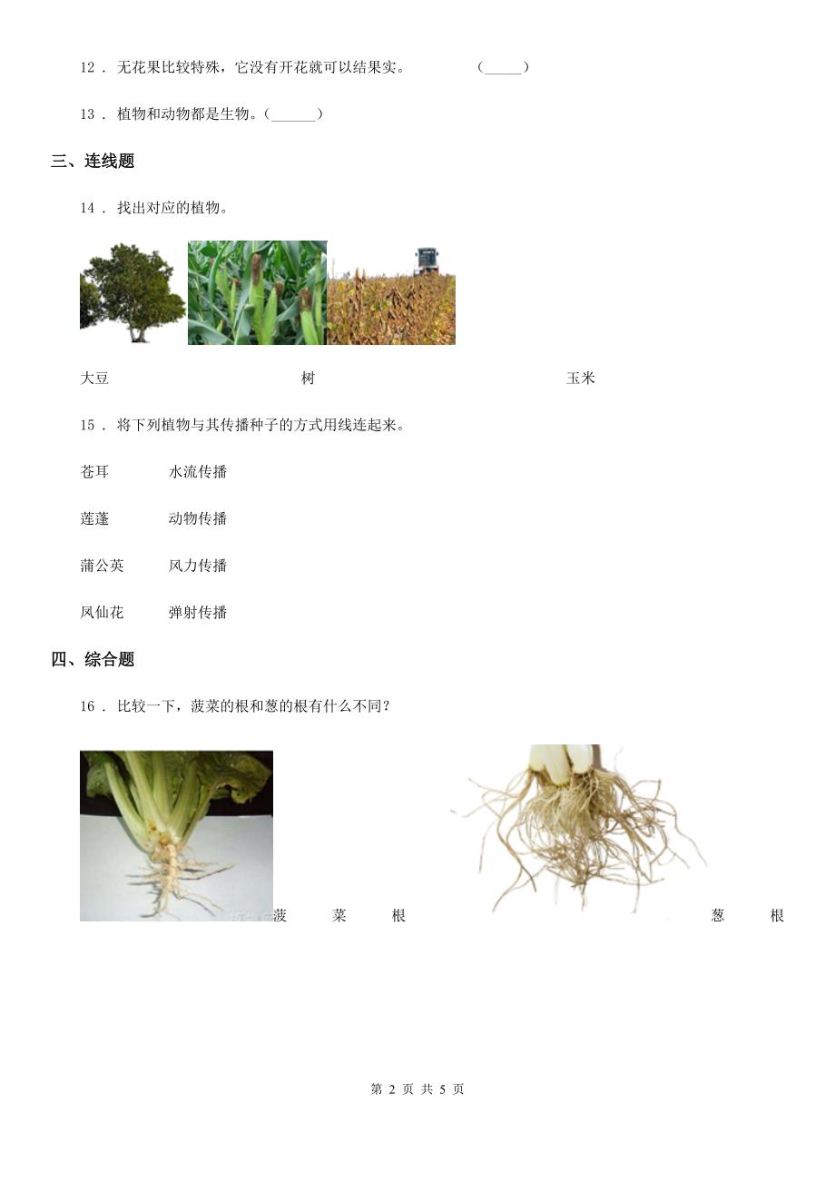 教科版科学一年级上册第一单元 植物测试卷_第2页