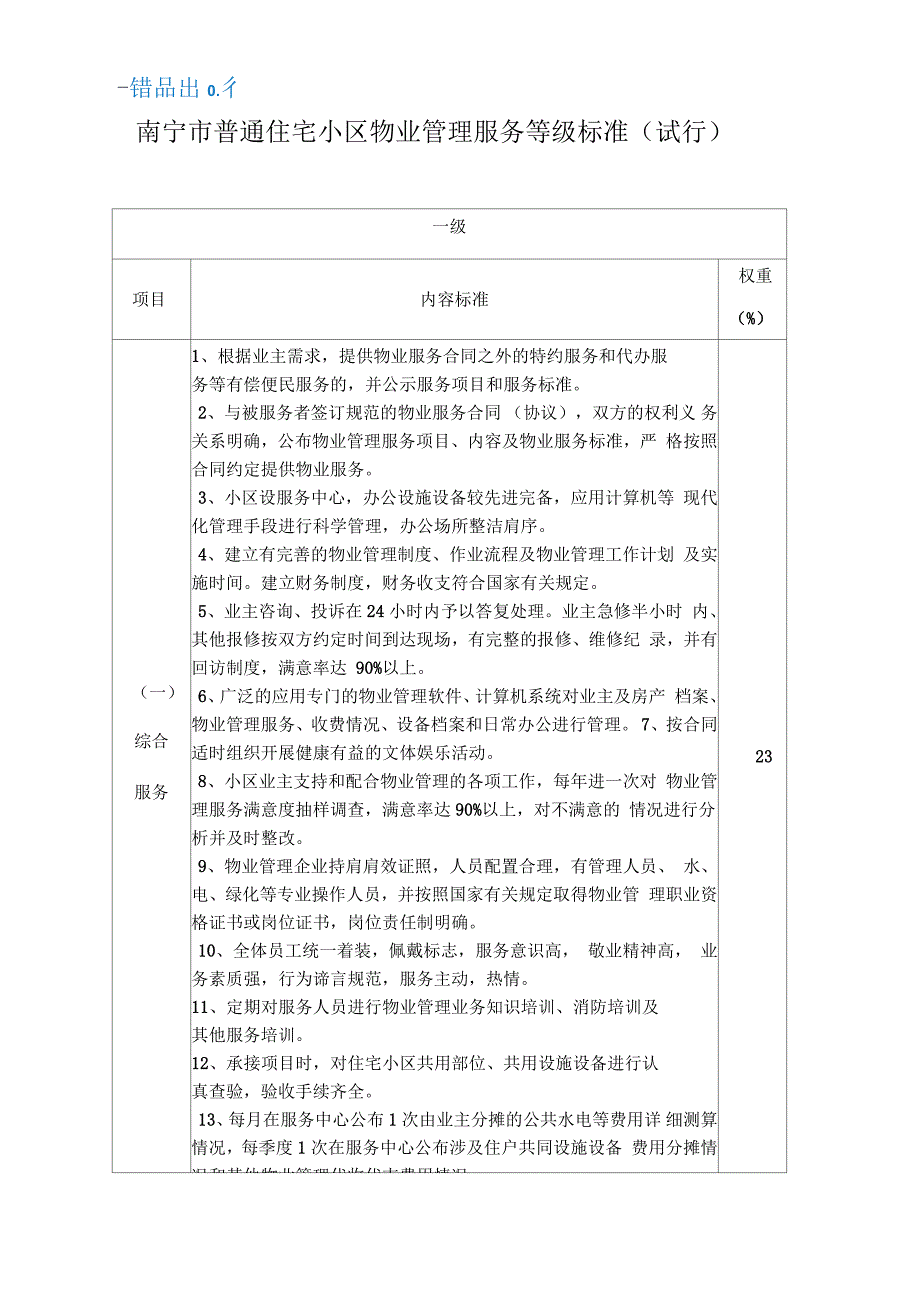 南宁市普通住宅小区物业管理服务等级标准(试行)_第1页