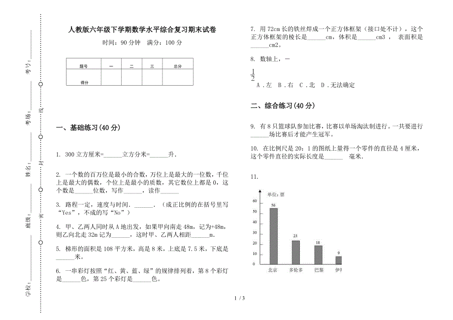 人教版六年级下学期数学水平综合复习期末试卷.docx_第1页