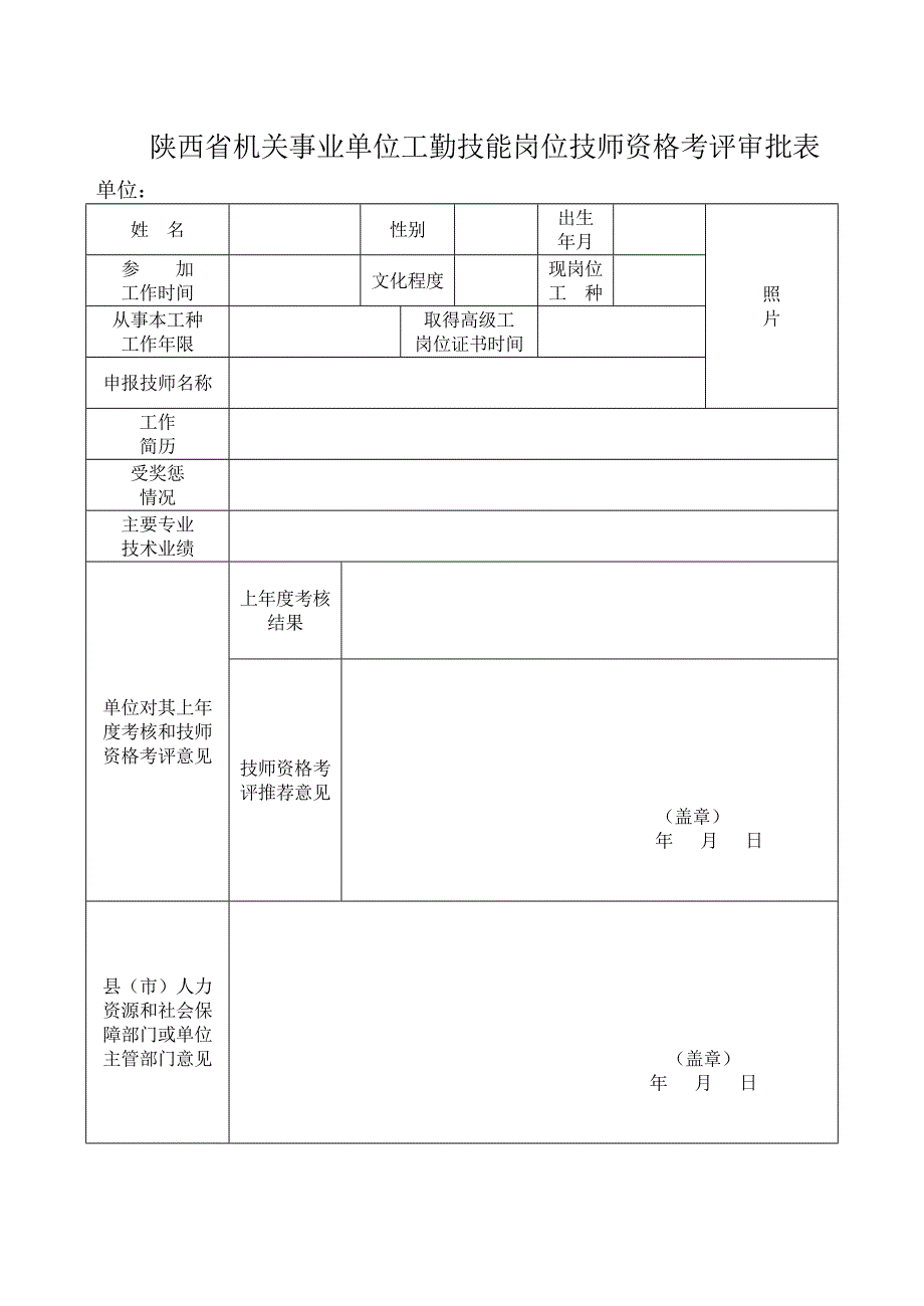 26陕西省机关事业单位工勤技能岗位技师资格考评审批表_第1页