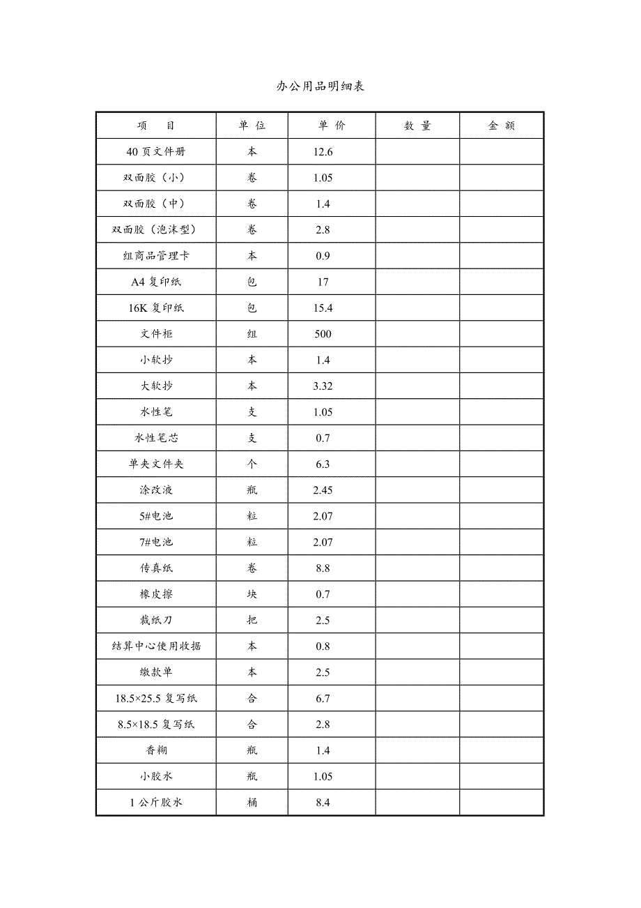 办公用品明细表、价目表.doc_第1页