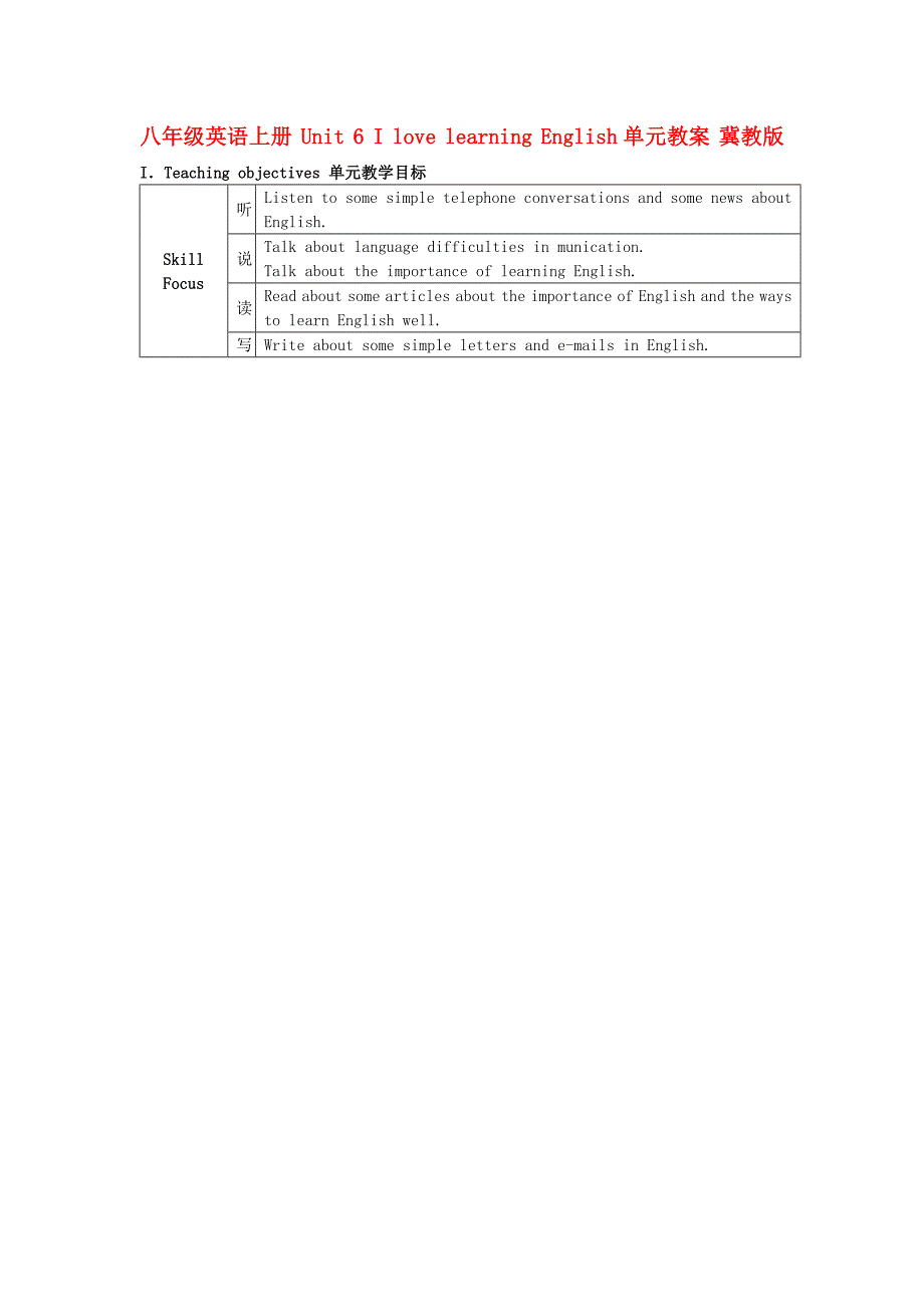 八年级英语上册 Unit 6 I love learning English单元教案 冀教版_第1页