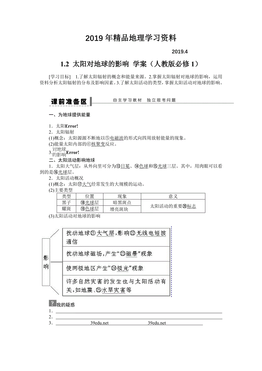 人教版高中地理必修一导学案：第1章 第2节 太阳对地球的影响 Word版含答案_第1页