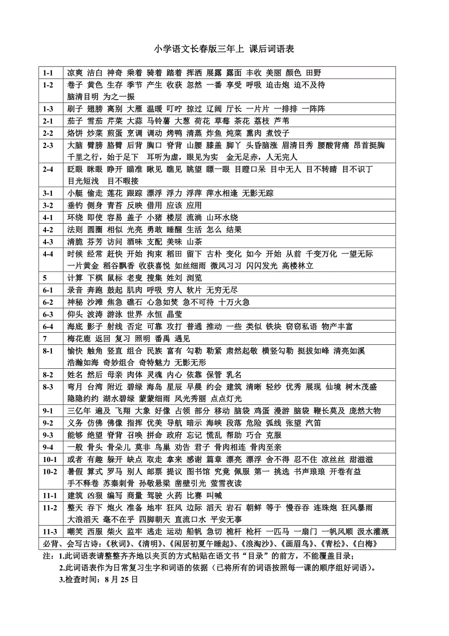 小学语文长春版三年上-课后词语表_第1页