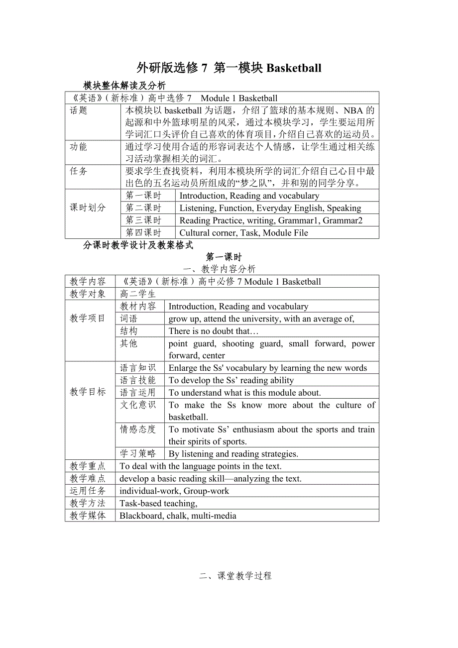 高中英语新标准外研版选修7M1Basketball教学设计_第1页