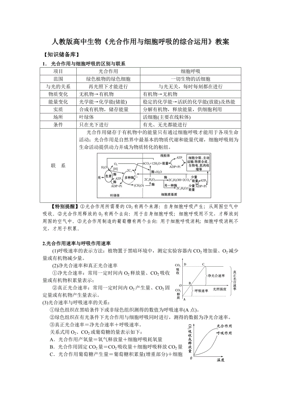 人教版高中生物复习《光合作用与细胞呼吸的综合运用》教案_第1页